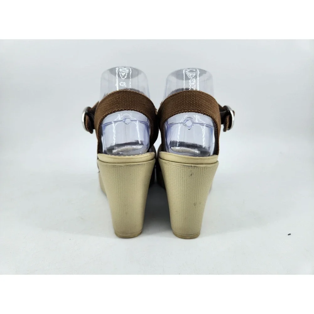 Crocs Hanalei Wedge Sandals Womens 7 Brown Canvas Ankle Strap Platform Peep Toe - Picture 8 of 12
